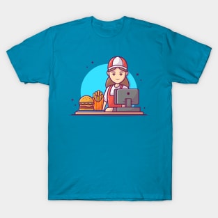 Cashier Serving Order for Burger And French Fries With Cash Register Cartoon T-Shirt